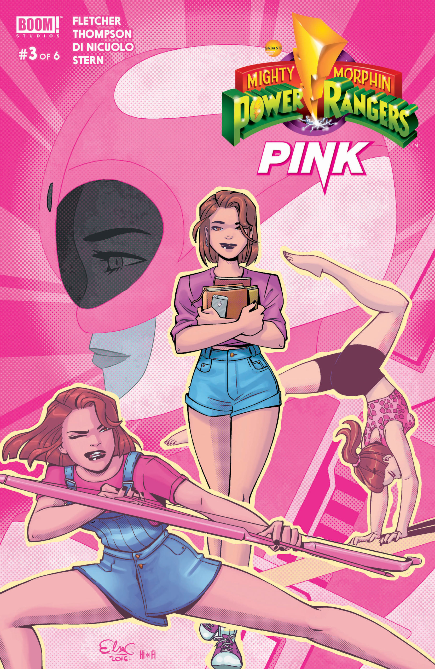 Cover of Mighty Morphin Power Rangers: Pink #3 Kimberly is doing gymnastics and walking holding books against a pink ranger helmet. 