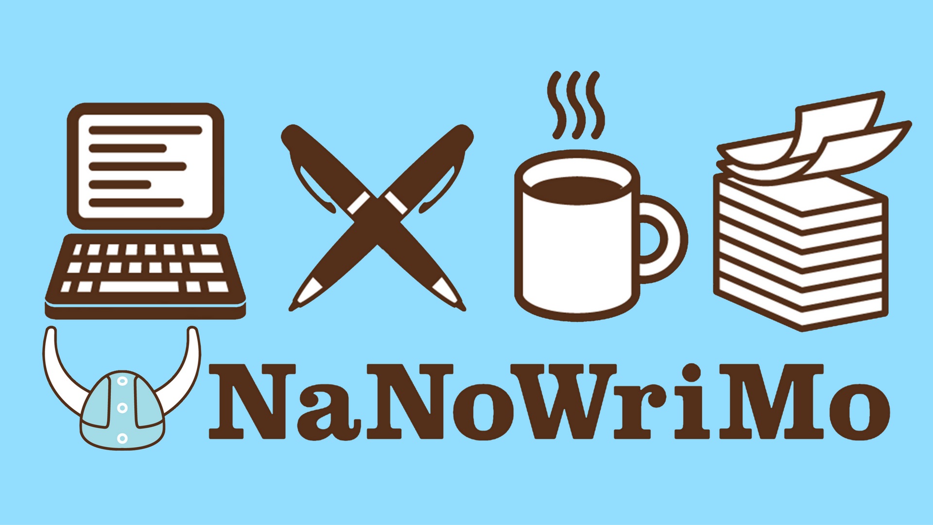 The NaNoWriMo official logo: a horned helmet, laptop, coffee cup, stack of papers, and pen.