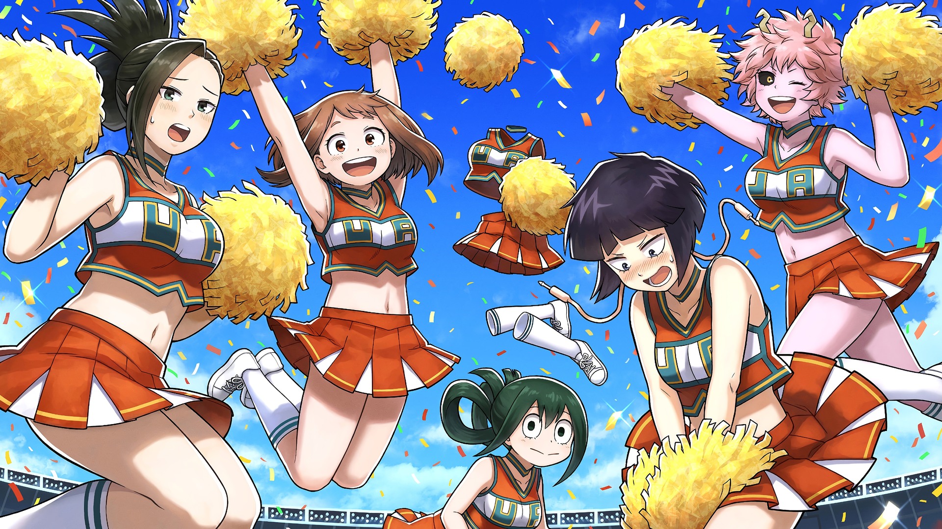 The girls of My Hero Academia in their sports festival cheerleading outfits.