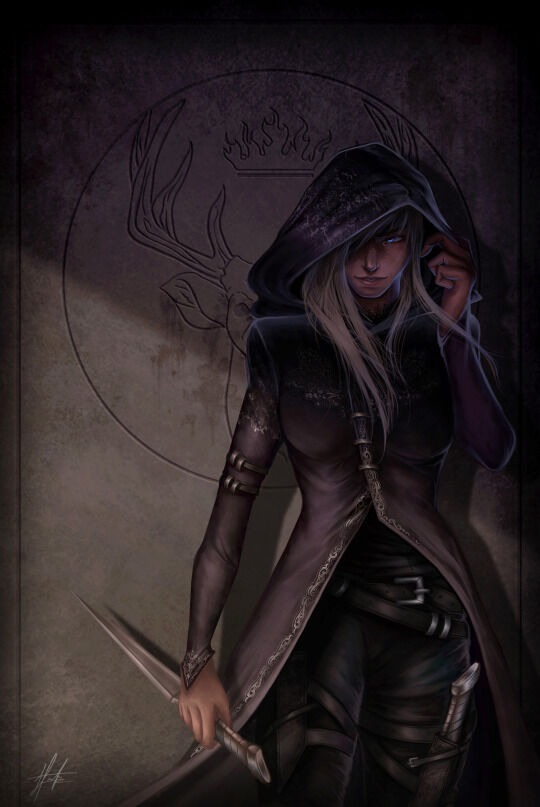 Celaena Sardothien, hooded in the darkness, holding a sword.