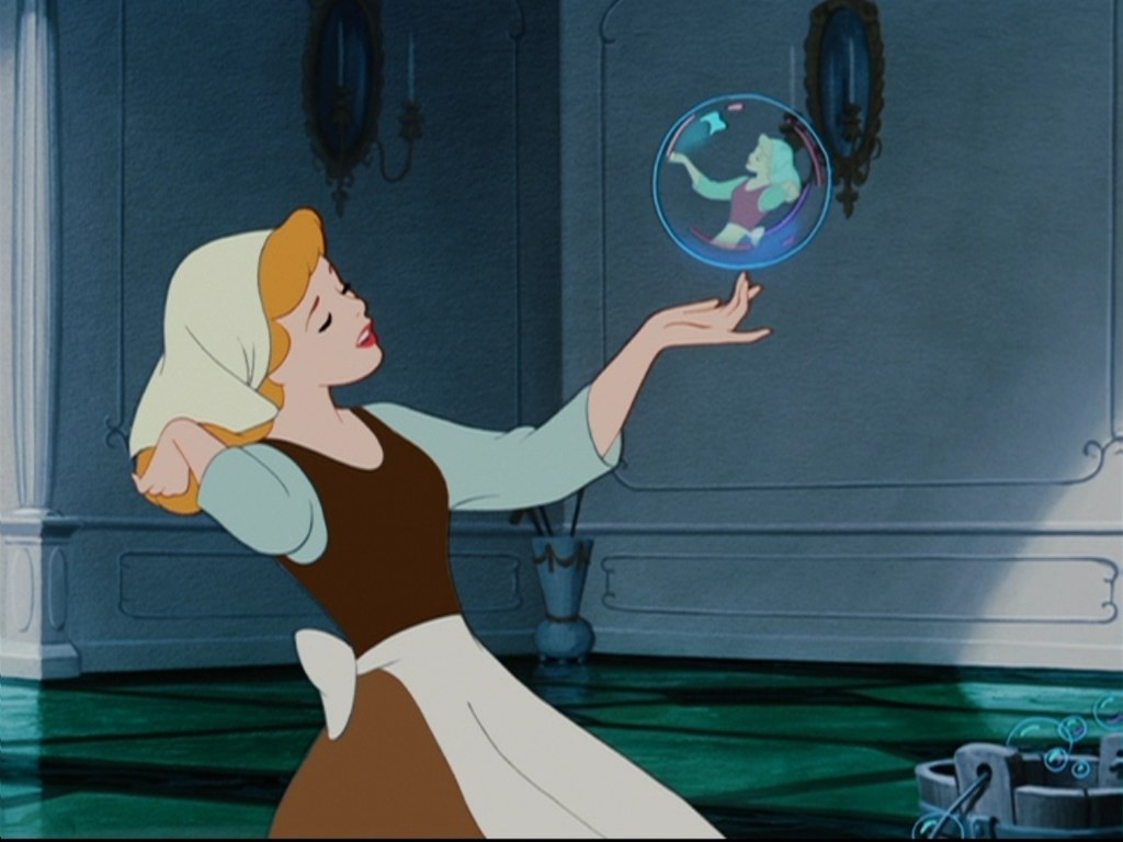 Cinderella sings as she cleans and organizes her step-mothers mansion.