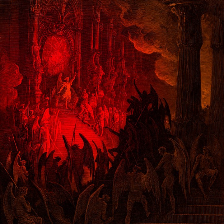 Satan speaks to his subjects in Pandemonium.