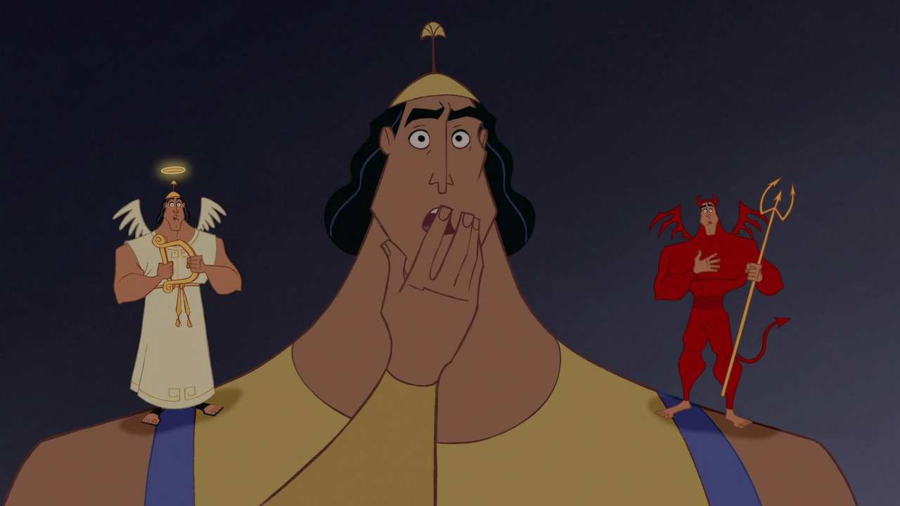 Kronk, his shoulder angel, and his shoulder devil all stand in mute horror.