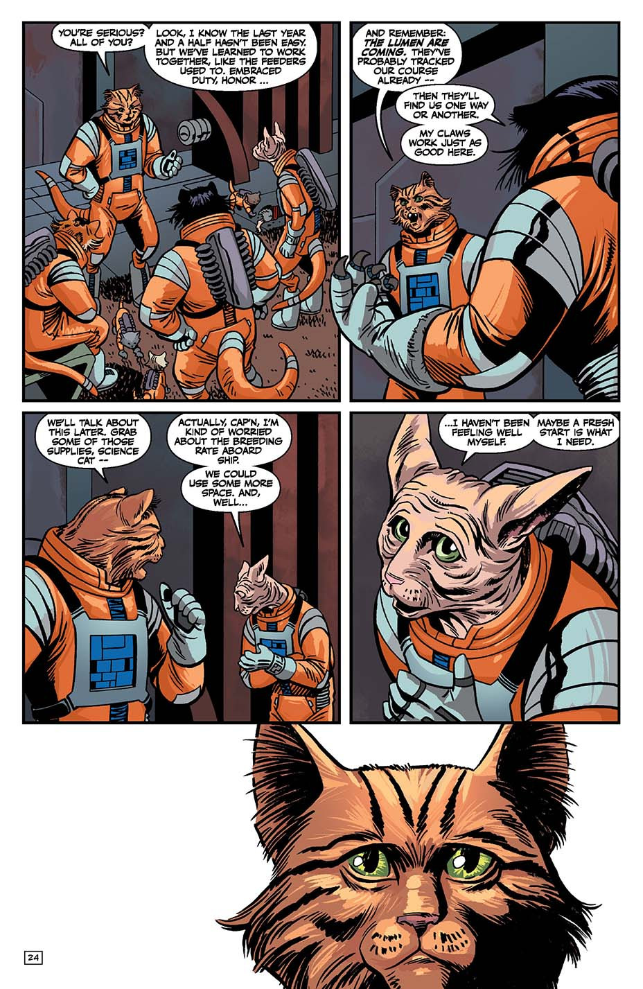 Captain Ginger talks to Science Cat about the issues aboard their ship in Captain Ginger: Survival Instinct #1. 