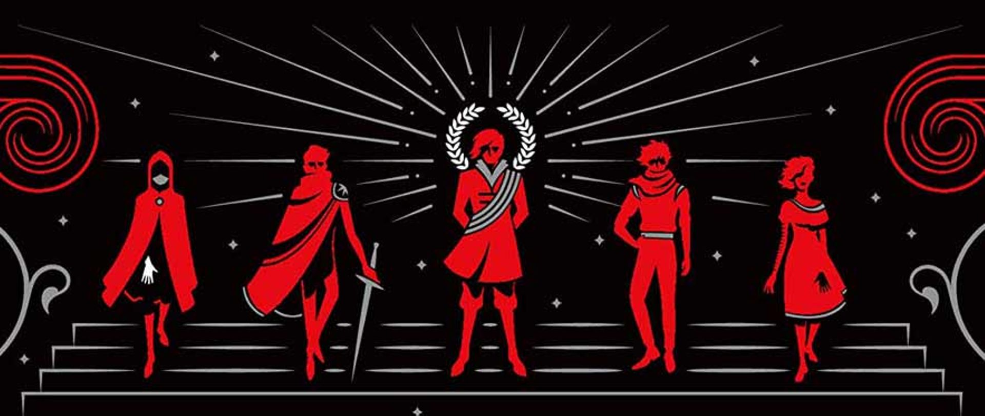 Red silhouettes of the Throne of Glass characters, wielding weapons, shine against a black backdrop.