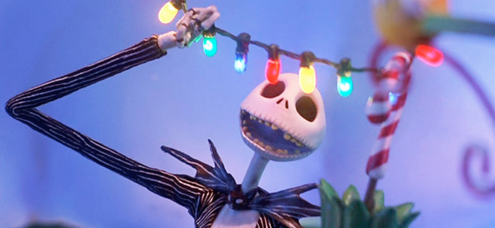 Jack Skellington in The Nightmare Before Christmas staring at Christmas decorations.