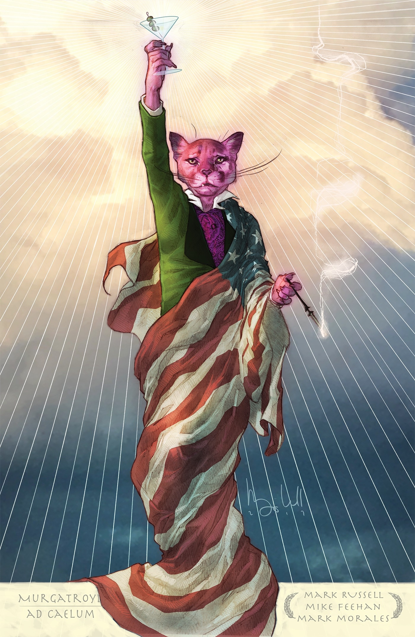 Exit Stage Left: The Snagglepuss Chronicles #1 (2018) shows Snagglepuss wrapped in an American flag, holding up a martini glass.