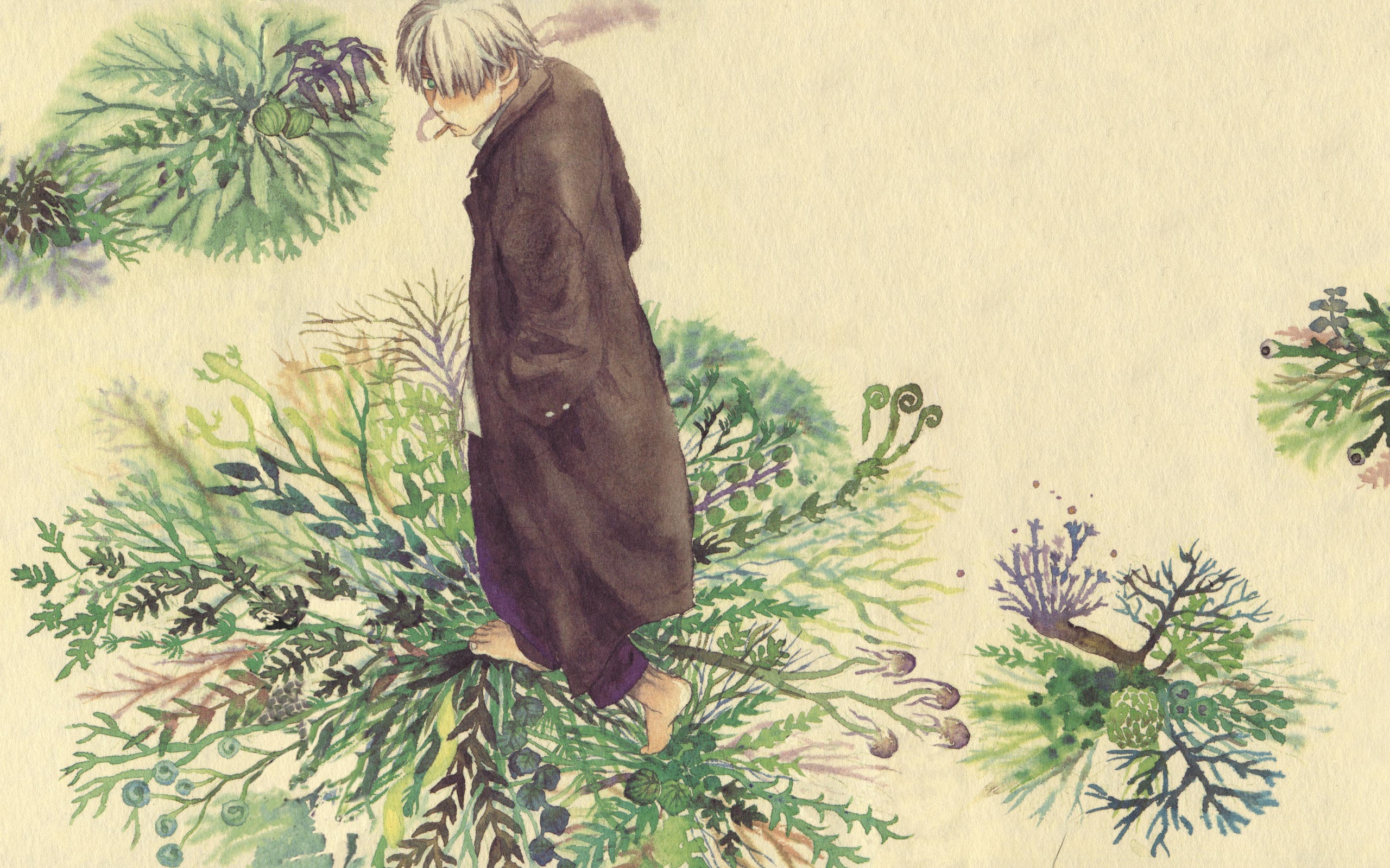 Ginko, the main character of Mushishi, walks among plants smoking a cigarette.