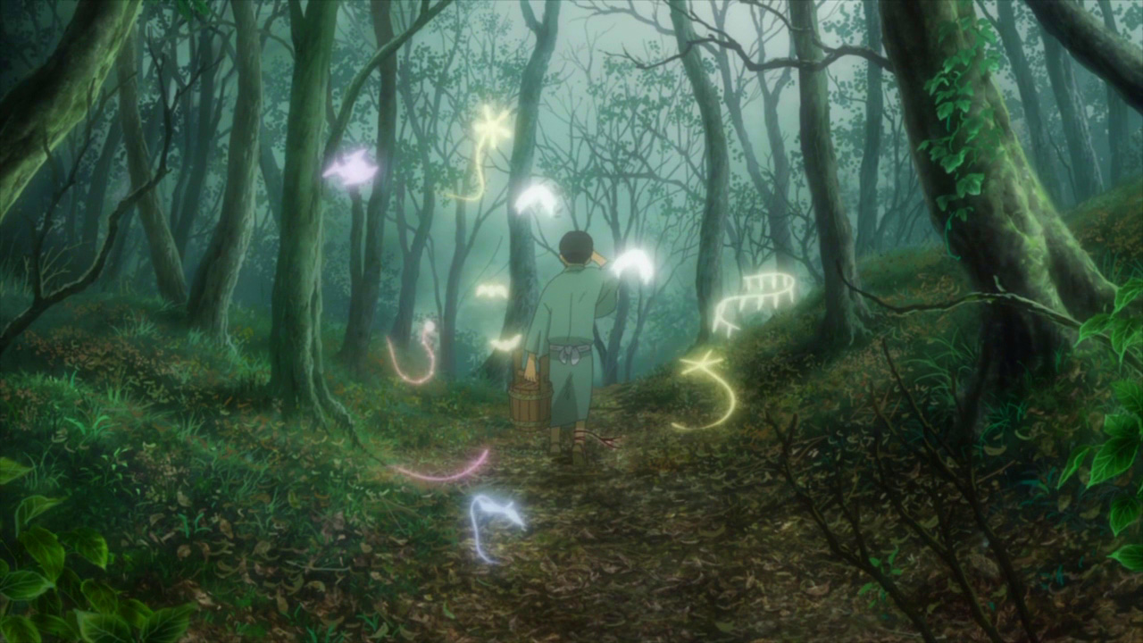 A boy walks through the woods surrounded by colorful floating mushi. 