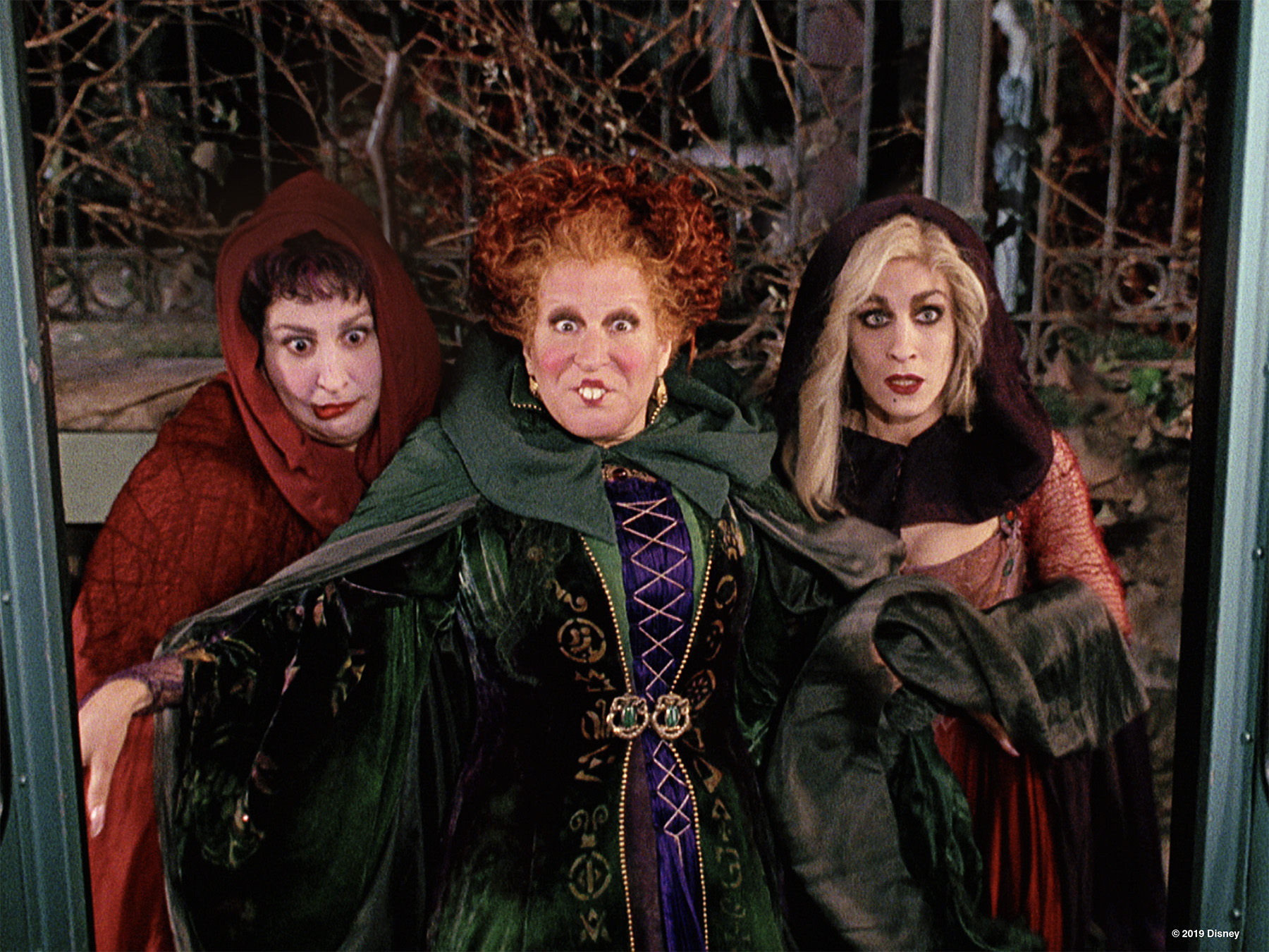 Three witches known as the Sanderson Sisters from Hocus Pocus hold their hands up as they cast a spell.