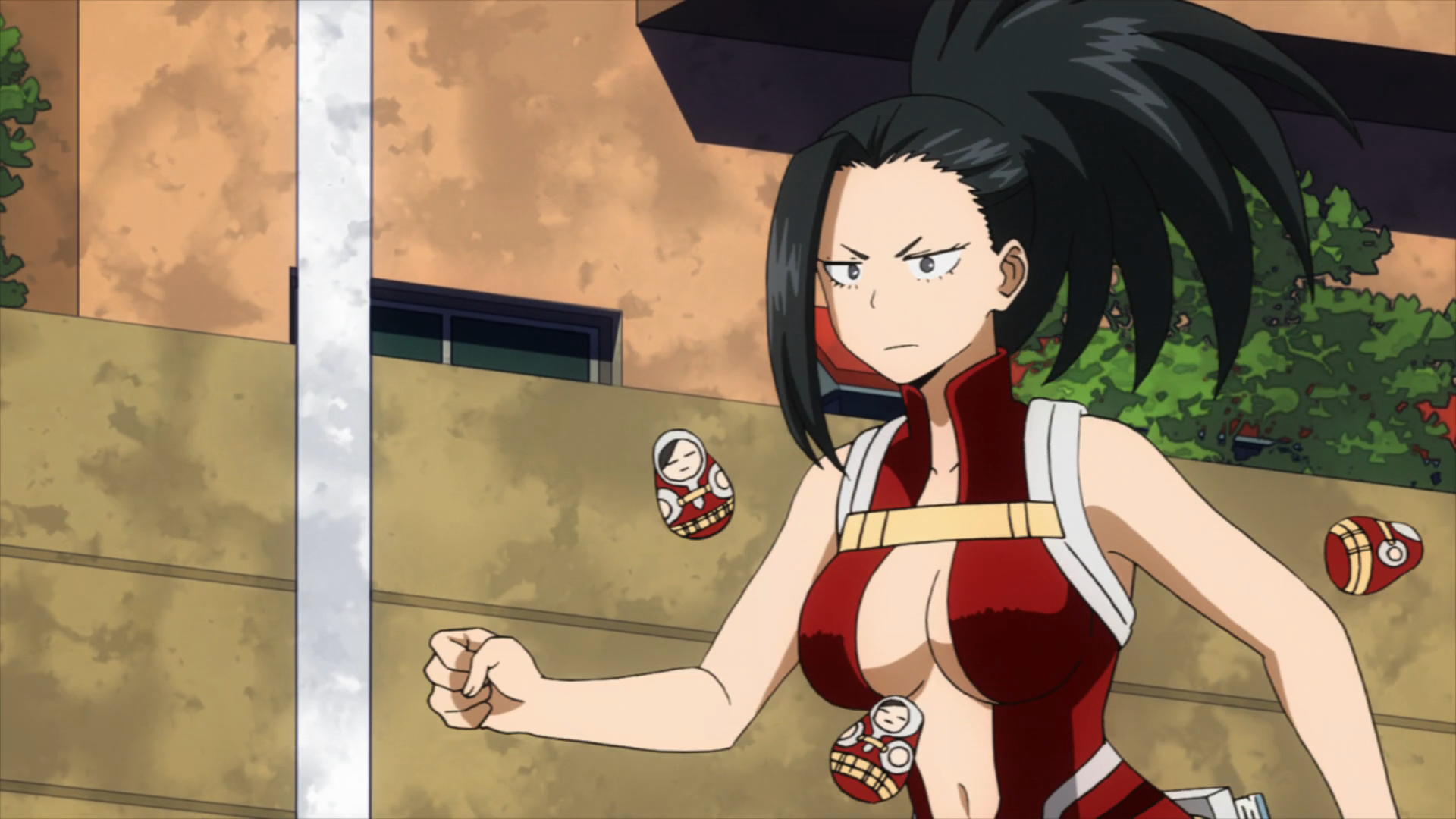 Momo from My Hero Academia wears her hero costume which allows her freedom to use her quirk without limitations.  