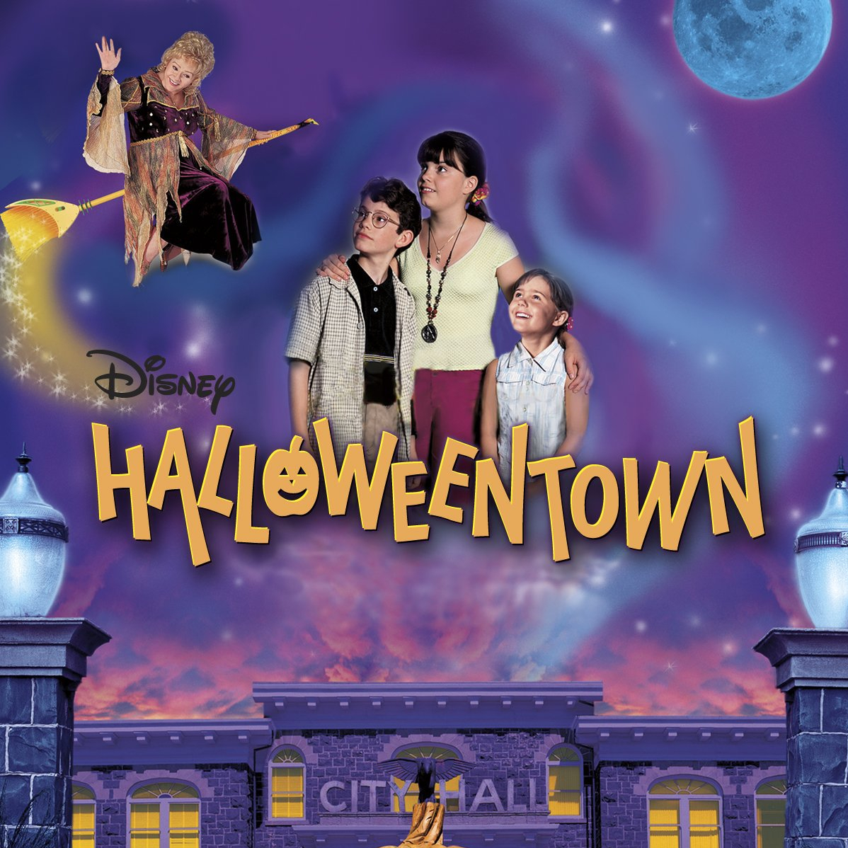 Aggie flies on a broom above her grandchildren on the poster for Disney Channel's Halloweentown. 