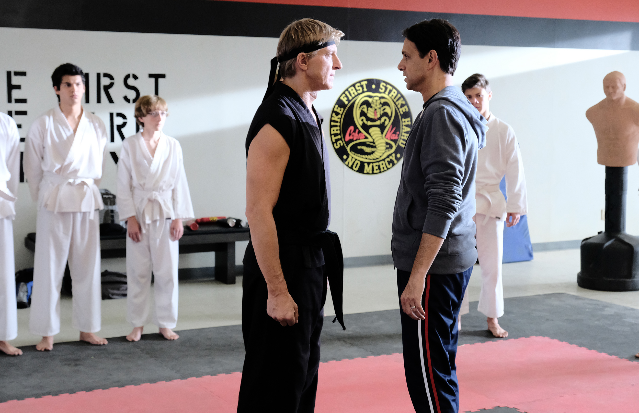 Daniel and Johnny face off in the Cobra Kai dojo.