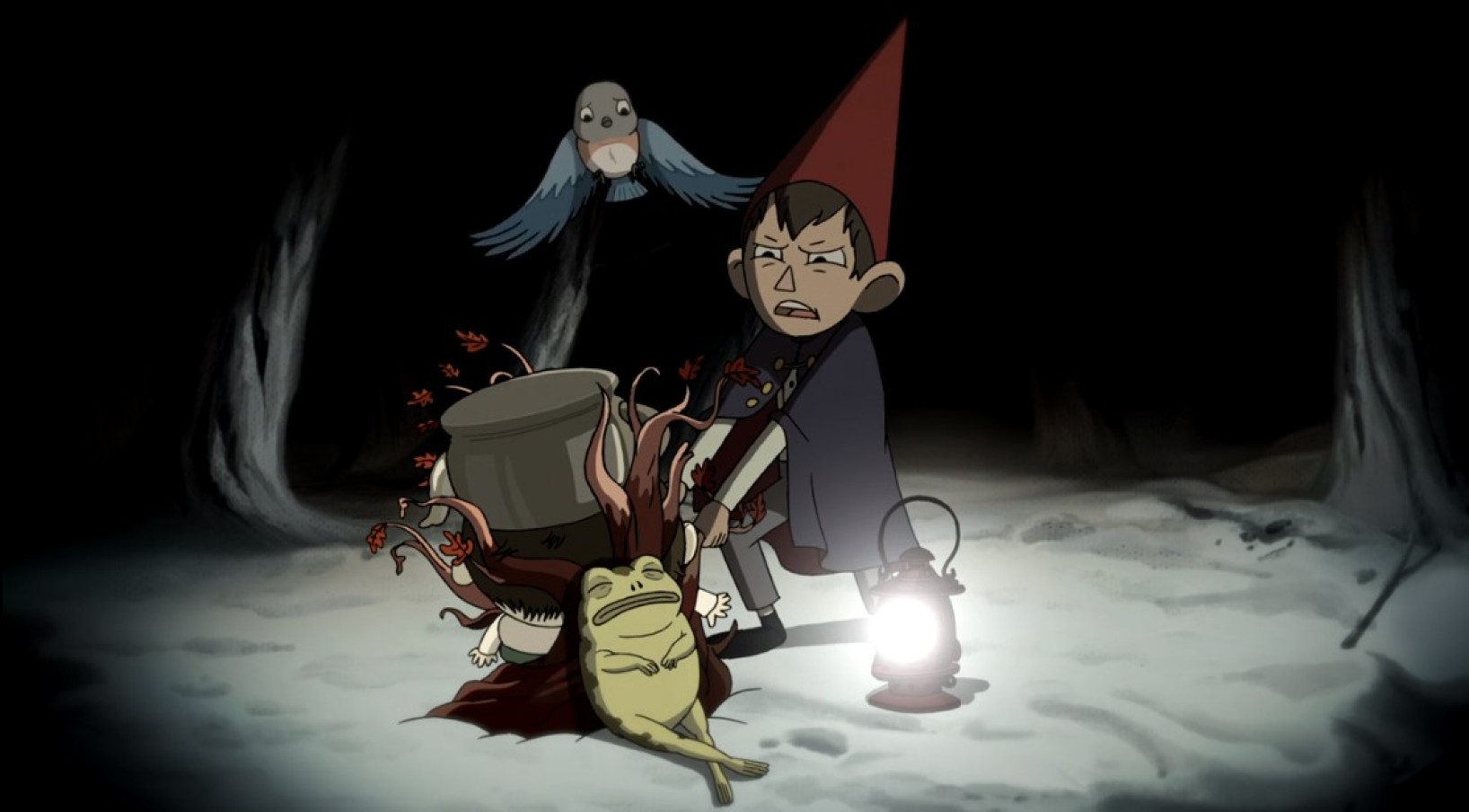 Wirt and Beatrice from Over the Garden Wall try to free Greg from an edelwood tree.