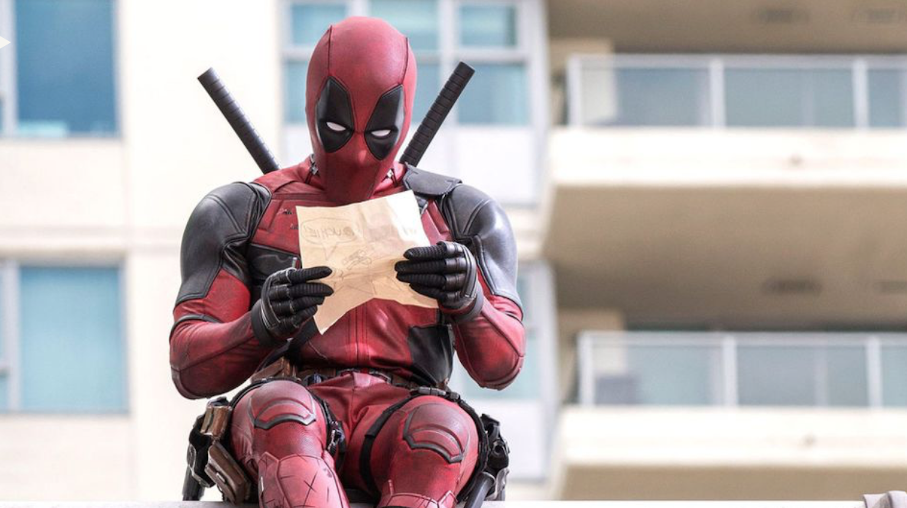 This image is from the opening scene of Deadpool (2016), where Deadpool was setting up the scene and breaking the fourth wall. 