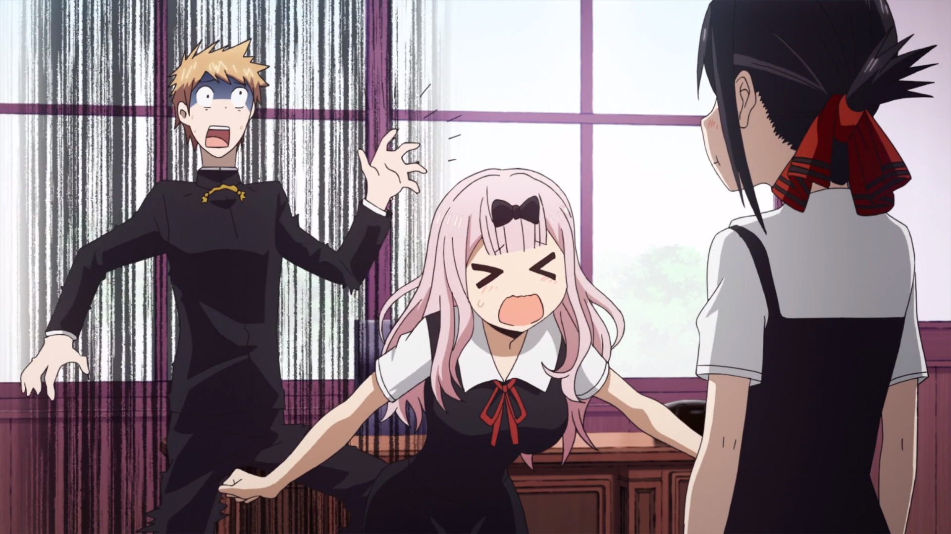 It's just a normal day in the student council room. From left to right: Miyuki, Chika, Kaguya.