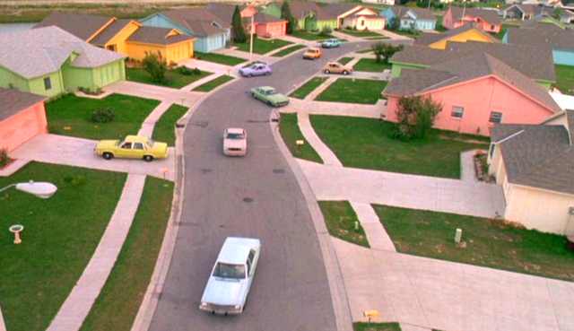 Pastel suburbia homes as seen in Tim Burton's film Edward Scissorhands. 