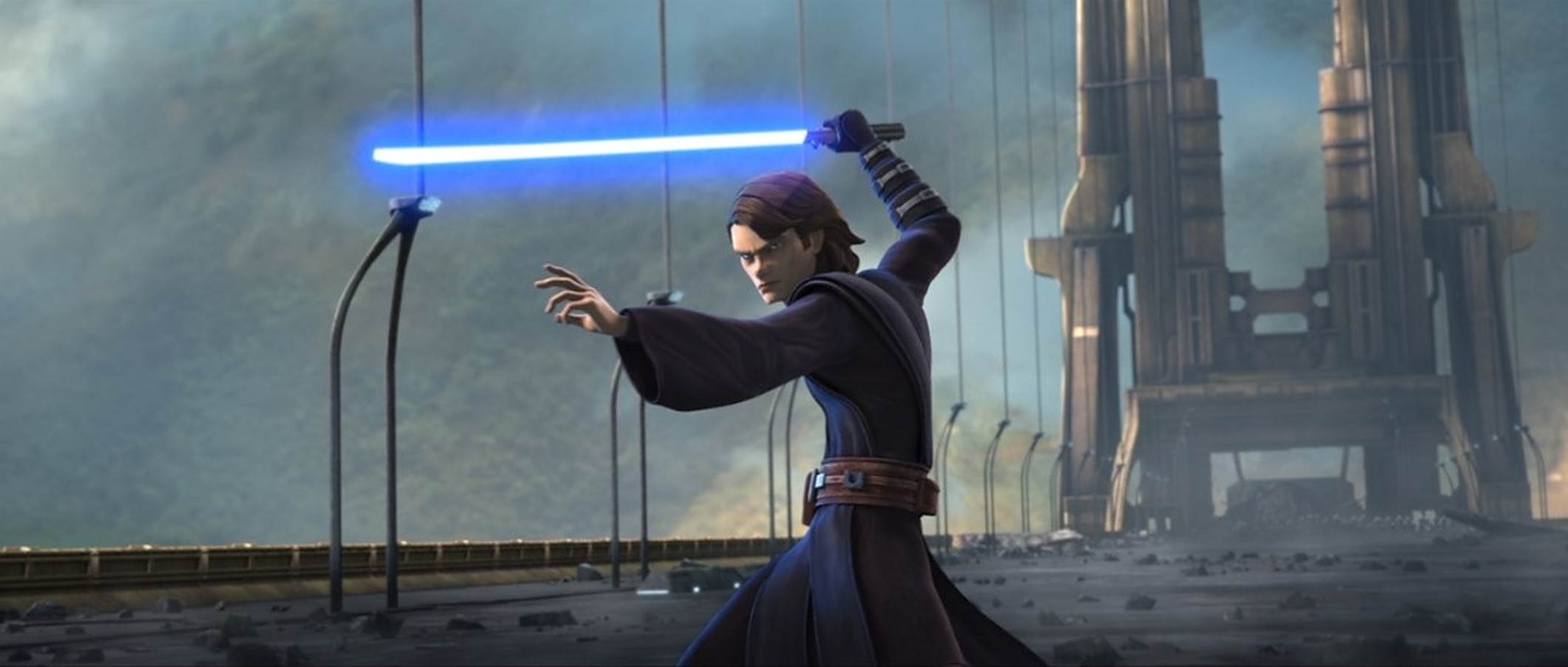 Anakin Skywalker from Star Wars: The Clone Wars holding a lightsaber.