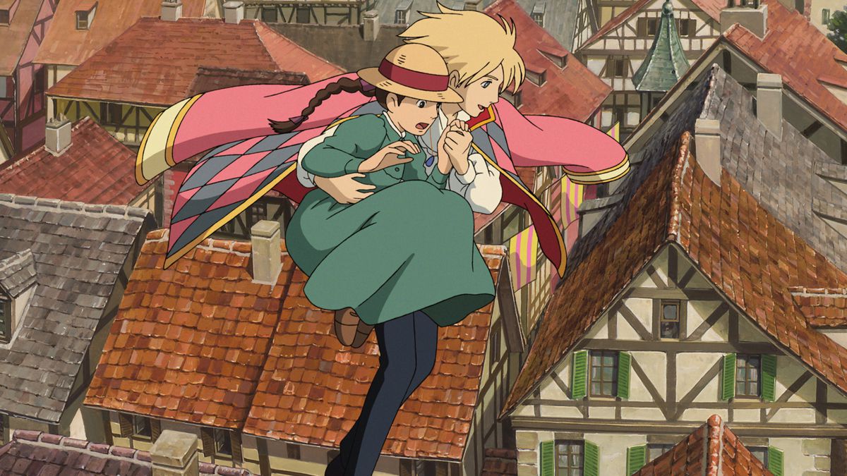 Howl levitates with Sophie through the air in Sophie's town.