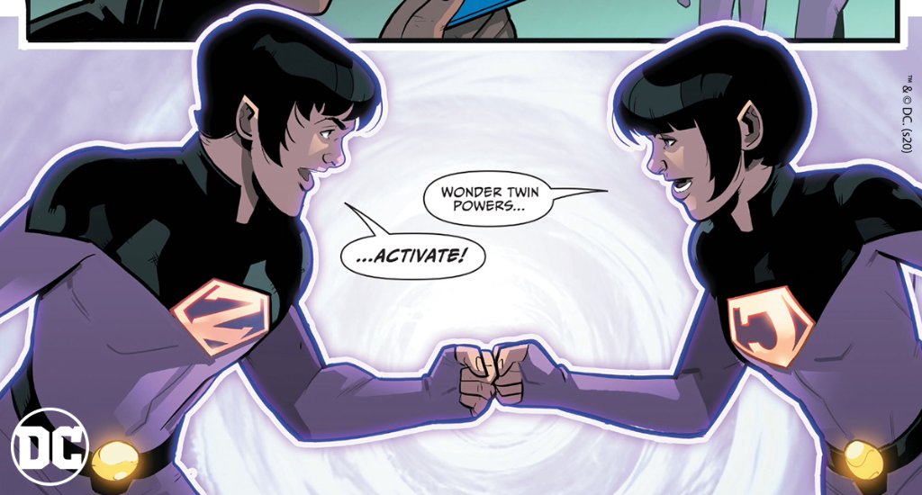 Zan (left) and Jayna (right) bump fists, saying their slogan, "Wonder Twins Powers...Activate!" in Wonder Twins Vol. 1.