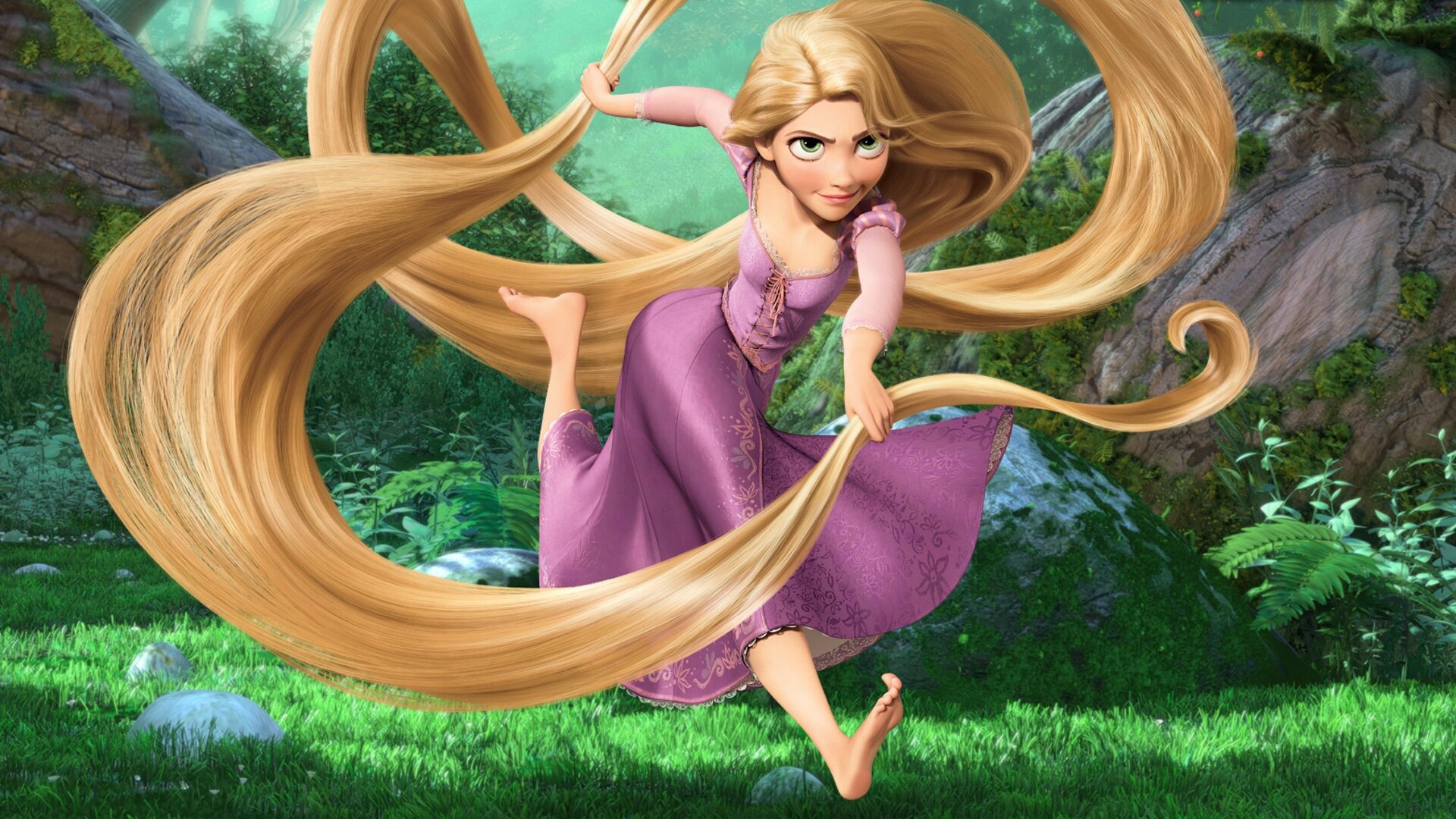 Princess Rapunzel uses her hair to maneuver.