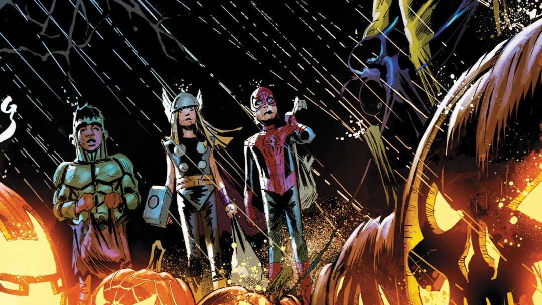 This image is from the spooky comic book cover of Avengers Halloween Special (2018) #1, where three children can be seen terrified by a villain.