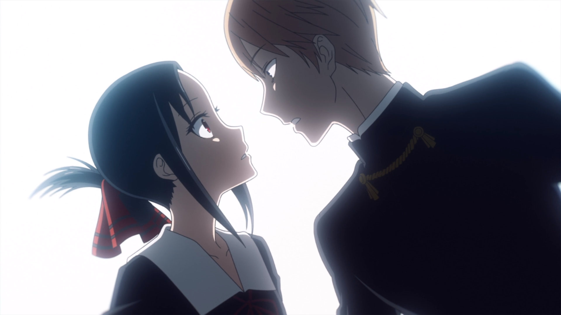 Kaguya and Miyuki are surprised at their close proximity in Kaguya-sama: Love Is War.