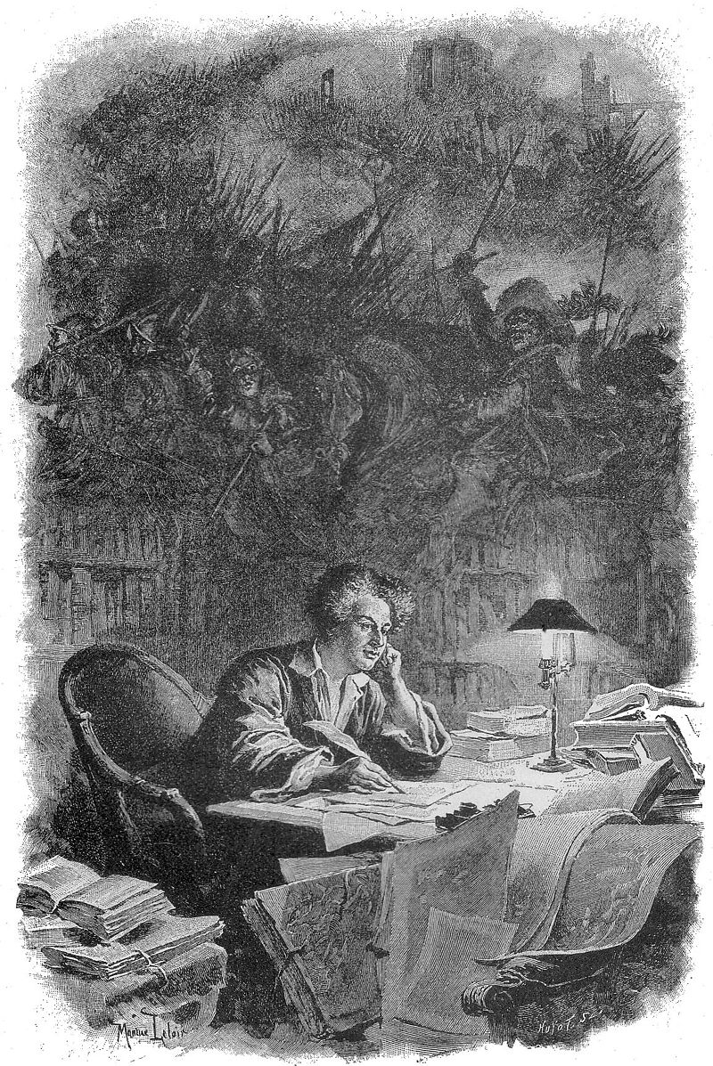 An illustration of Alexandre Dumas sitting in his library, visualizing his future stories.