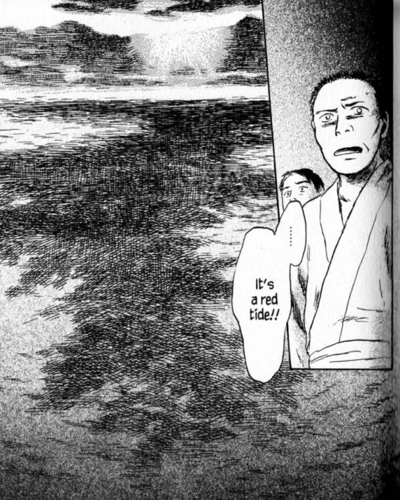 A panel from the Mushishi manga. A man looks out over the ocean exclaiming, "It's a red tide!!" 