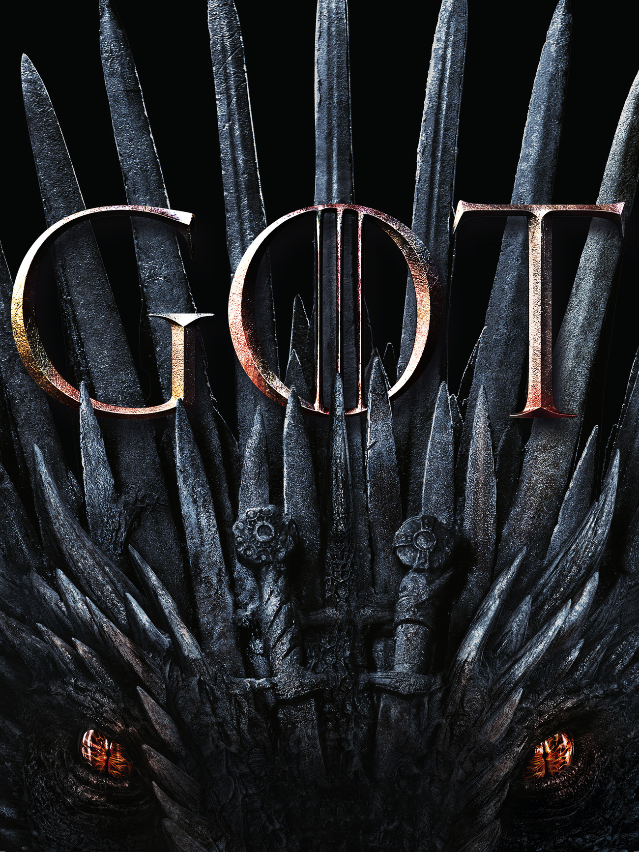 The Game of Thrones Season 8 poster; the swords of the iron throne transitioning into scales with orange dragon's eyes visible at the bottom.