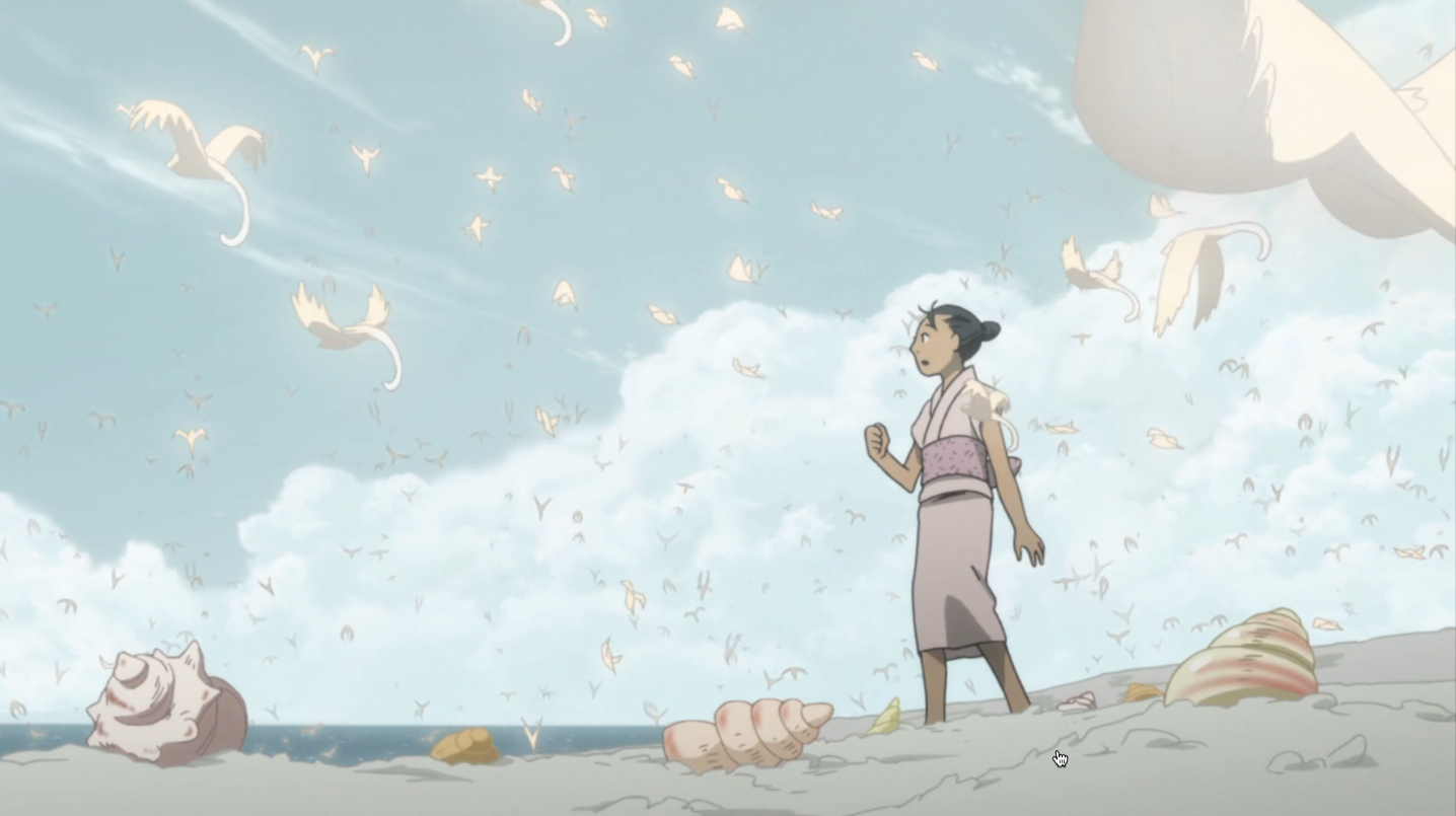 A girl stands on a beach as many small birdlike mushi fly off into the sky around her.