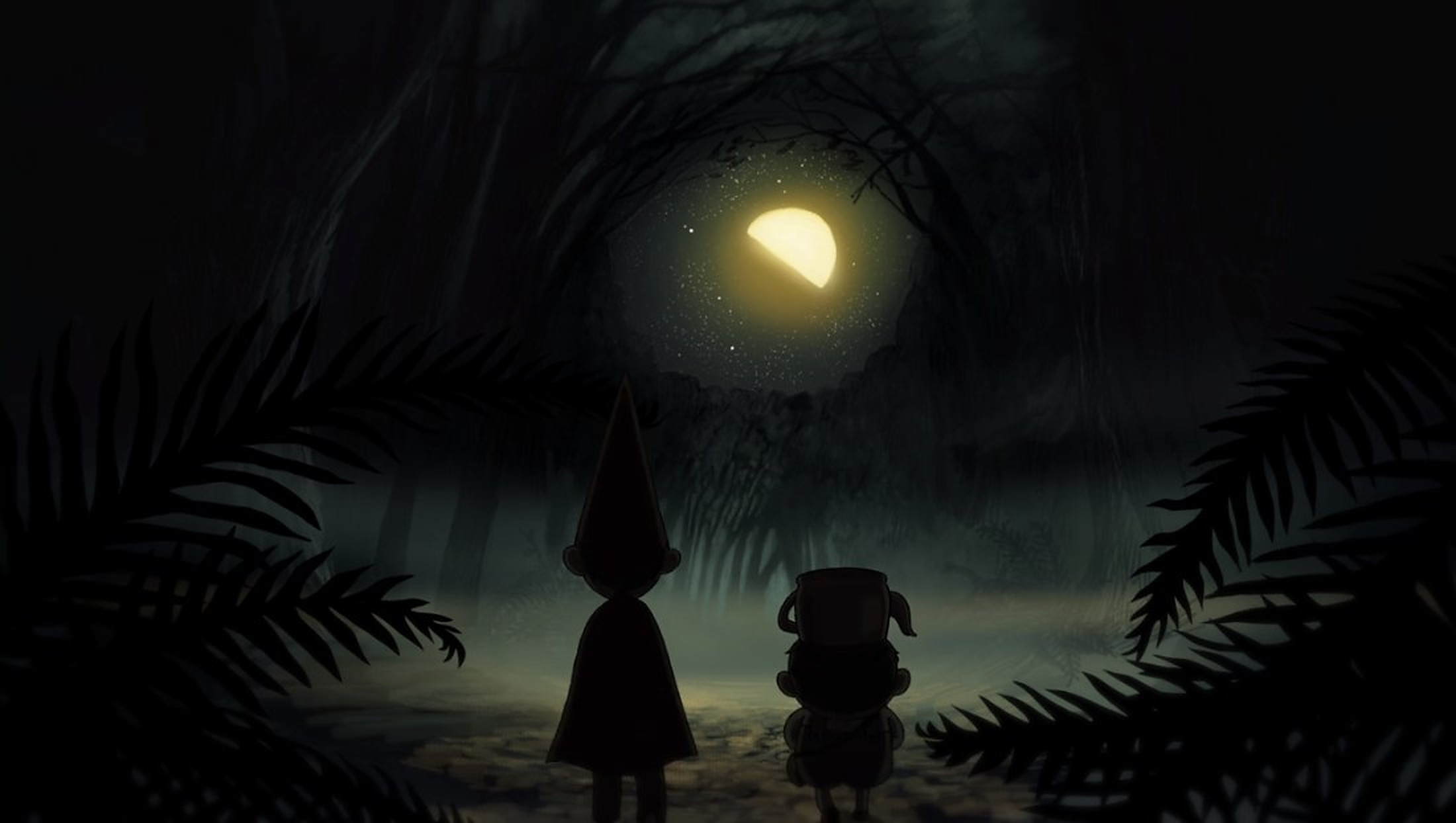 Wirt and Greg from Over the Garden Wall walking through the Unknown at night.