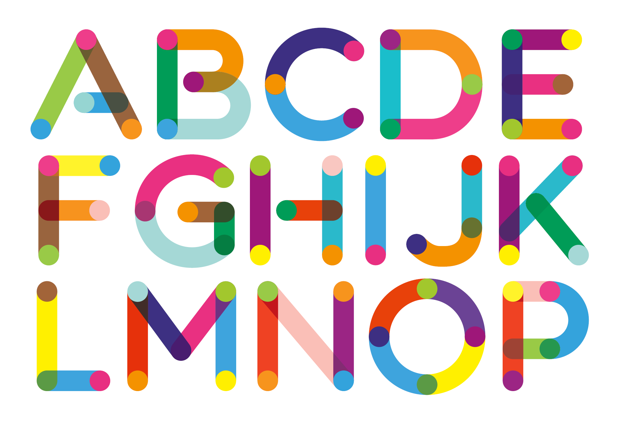The alphabet, written out in bold, colorful text against a white background.
