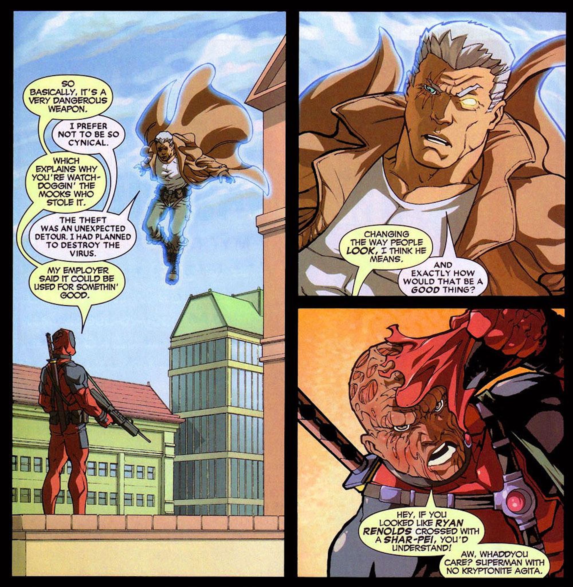 This image is from the comic Cable and Deadpool #2 (2004), where Deadpool made a reference to Ryan Reynolds. 