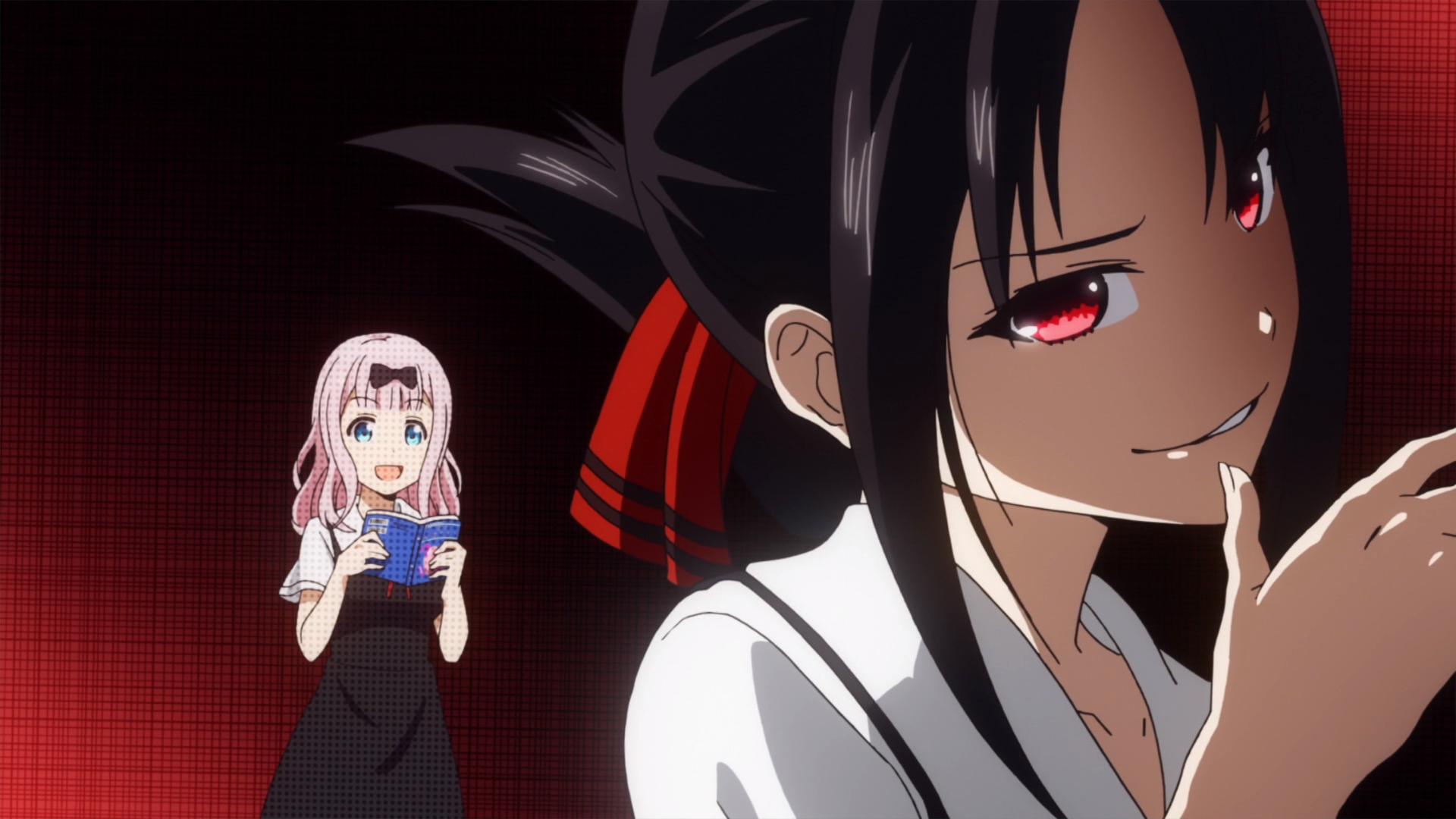 Kaguya overconfidently cheats on Chika's test in Kaguya-sama: Love Is War.