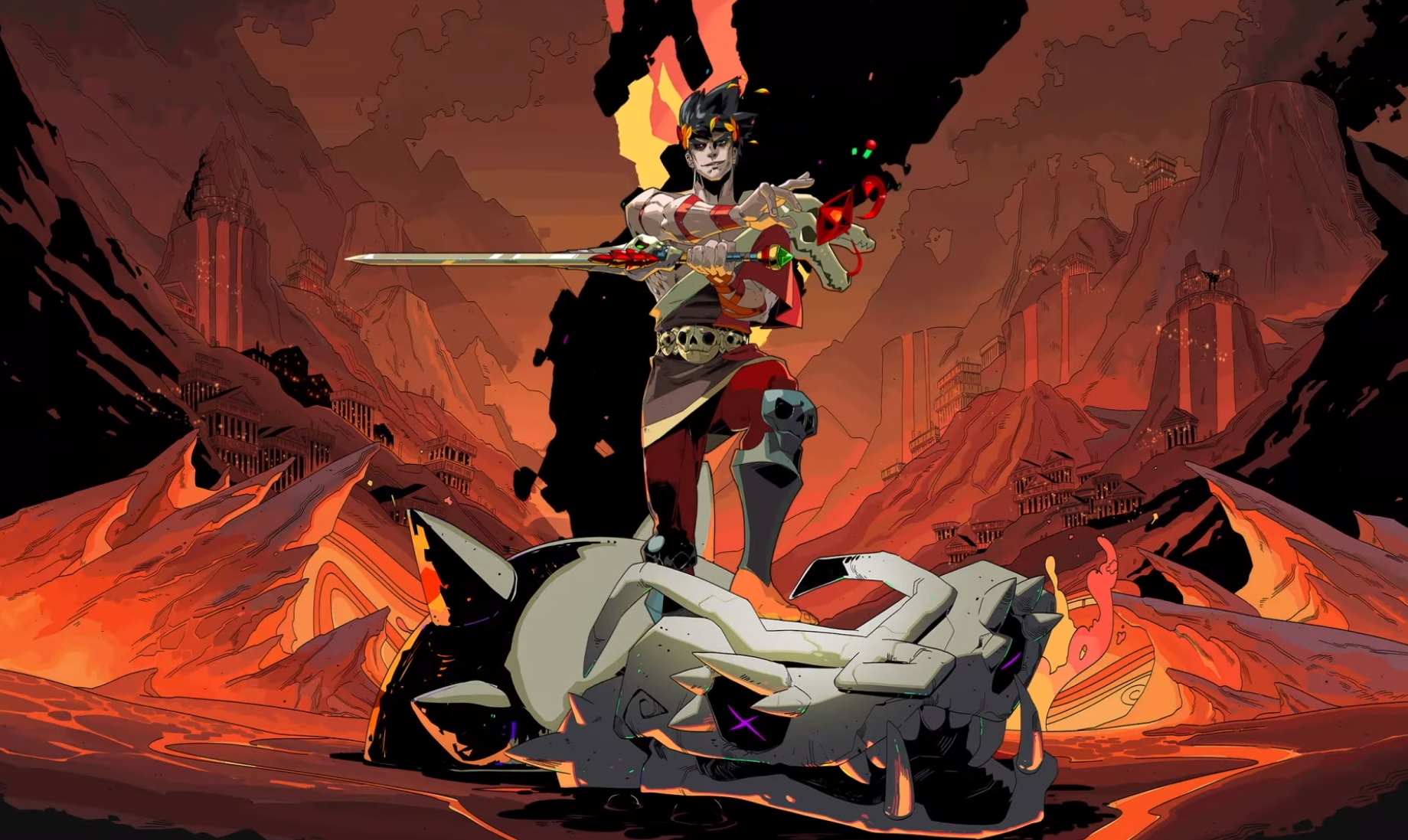 Zagreus poses with his sword, his boot crushing the skull of a skeletal snake.