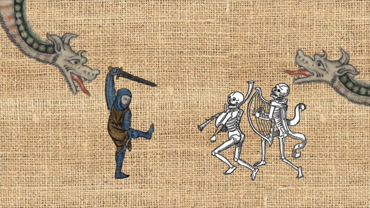 A Medieval style tapestry of a man with a sword attacking a group of animated skeletons with a dragon on each side.
