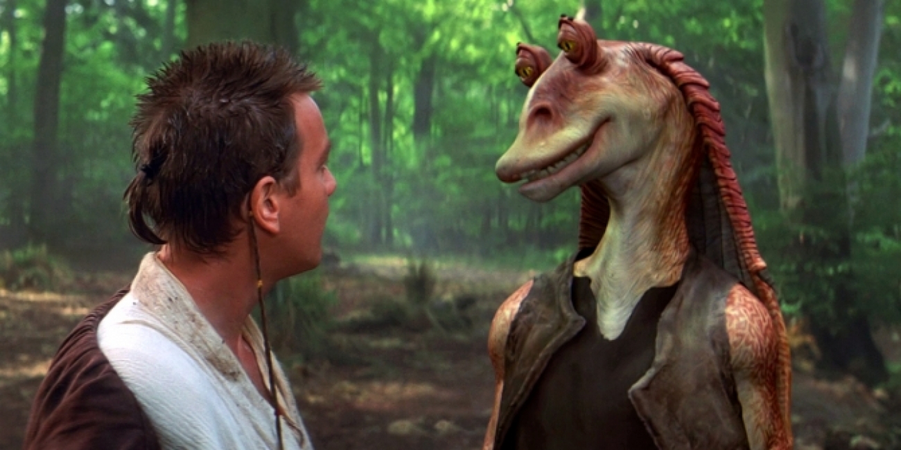 Jar Jar Binks says some nonsense to a bewildered Obi-Wan Kenobi.