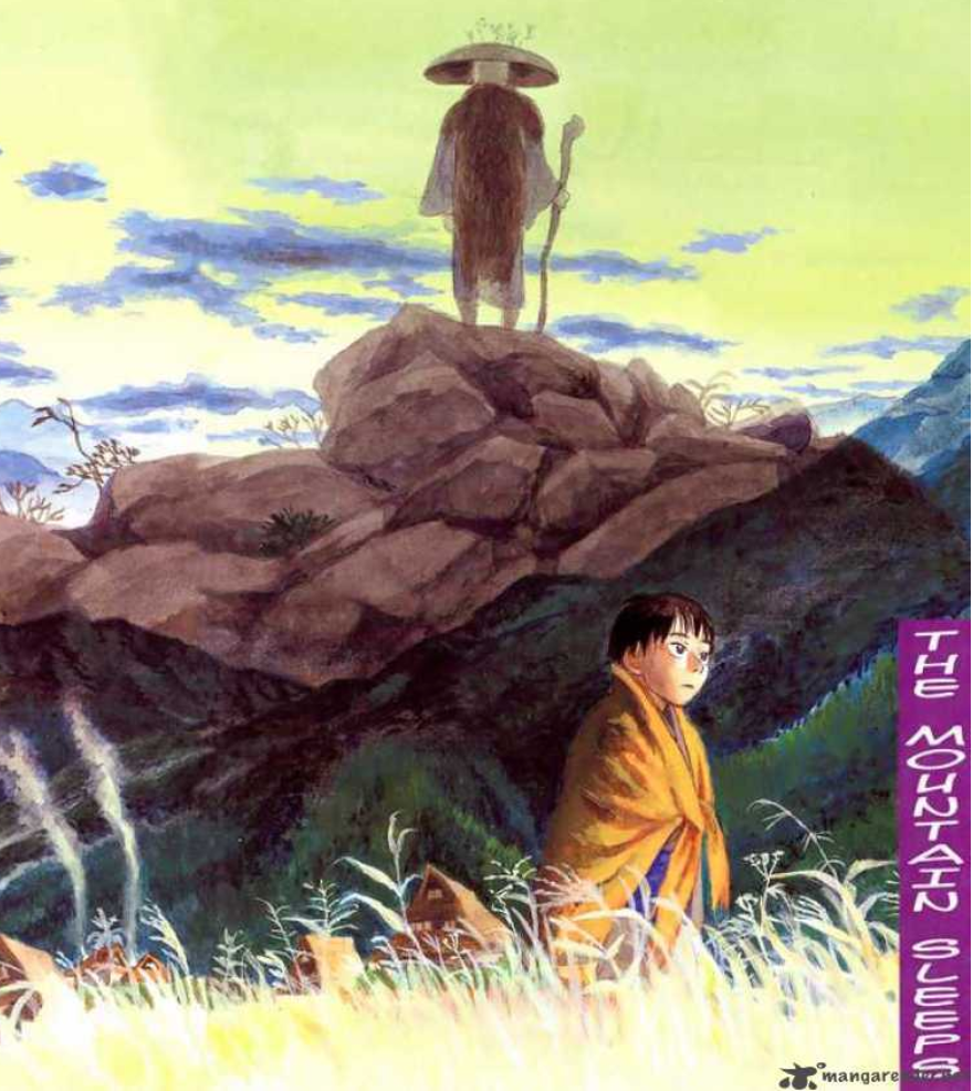 Mushi Master Mujika stands on a mountain while his apprentice stands in a field in the foreground.