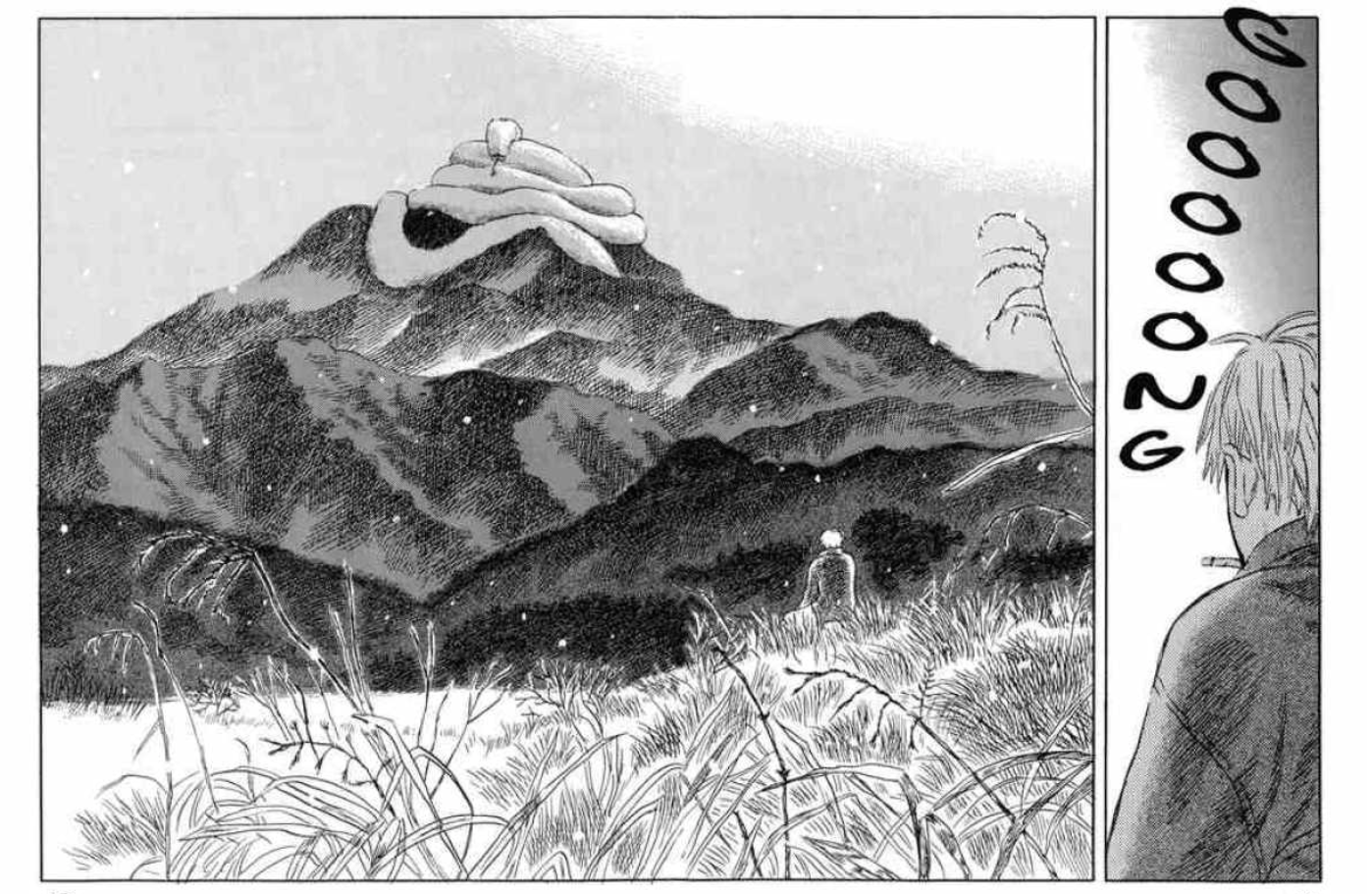 A panel from the Mushishi manga. A large snake like mushi sits coiled atop a mountain in the left panel. On the right, Ginko's back is shown as a bell rings out overhead. 