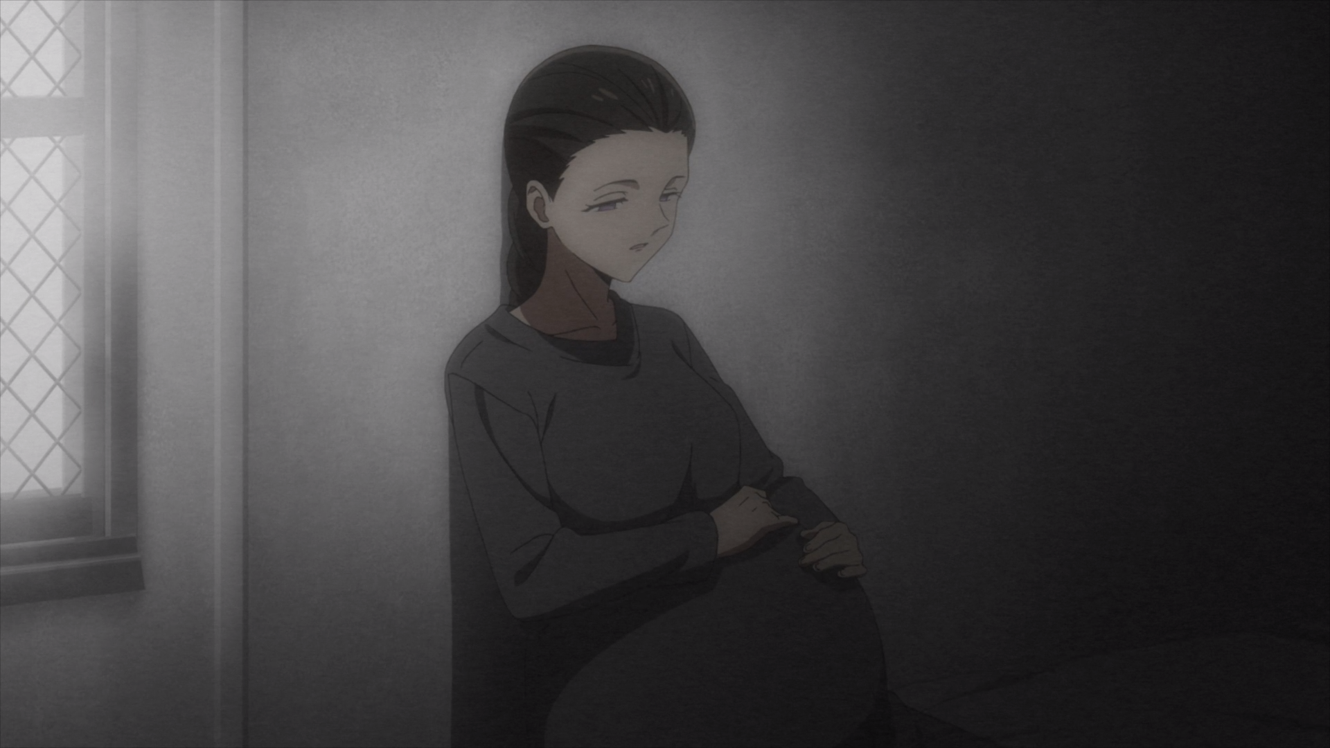 Isabella hums Leslie's tune to comfort herself as she waits to give birth in The Promised Neverland.