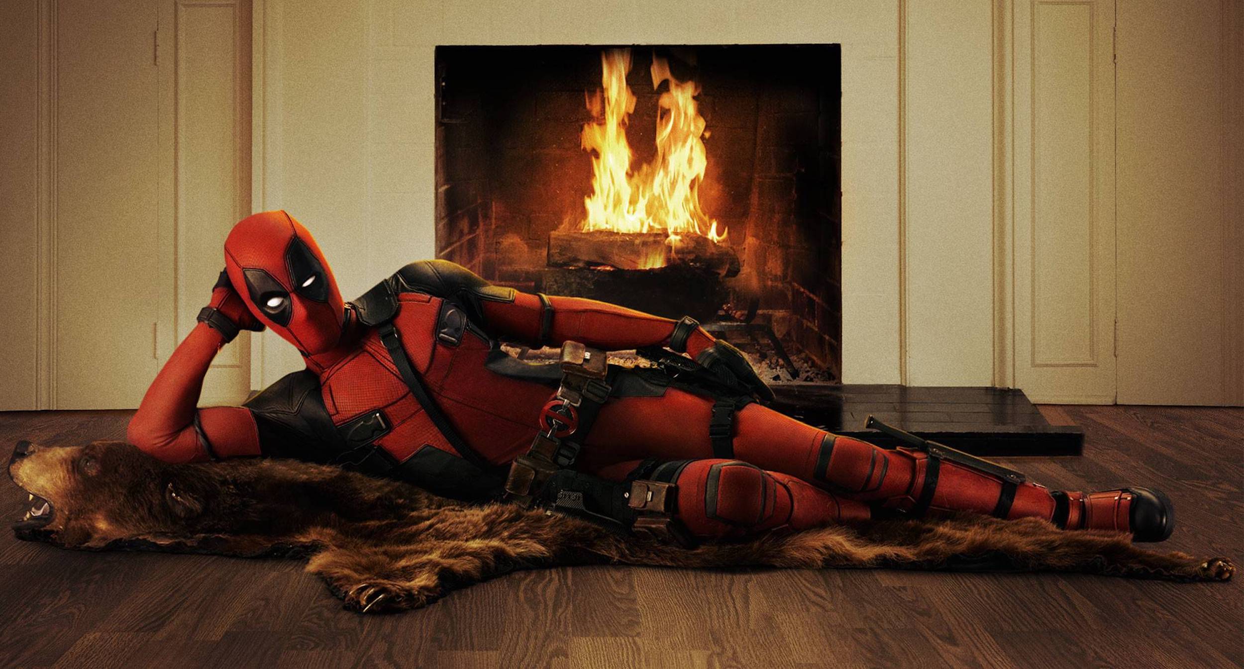 This image was from Deadpool (2016) and showed Deadopol seductively laying by a fireplace and speaking to the audience. 