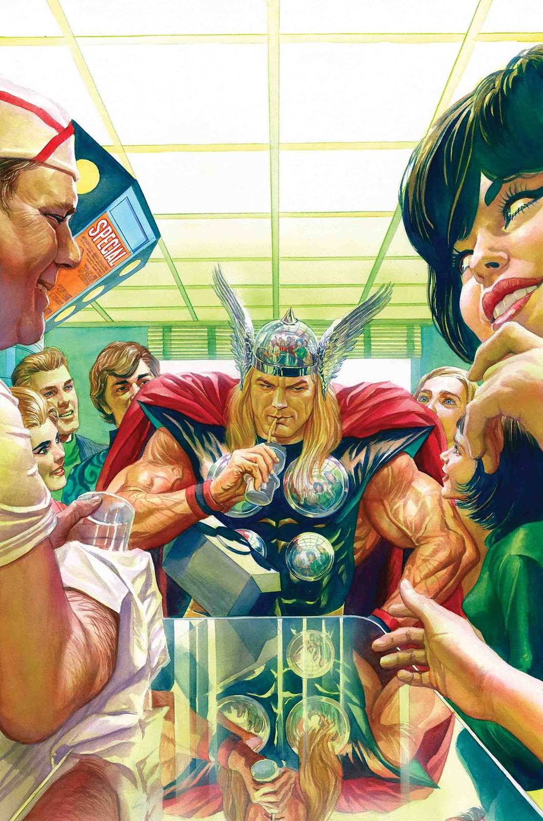 Thor sitting in a diner, enjoying a beverage with stunned regulars swarming around him. This image was drawn in the signature, realistic style of Alex Ross.