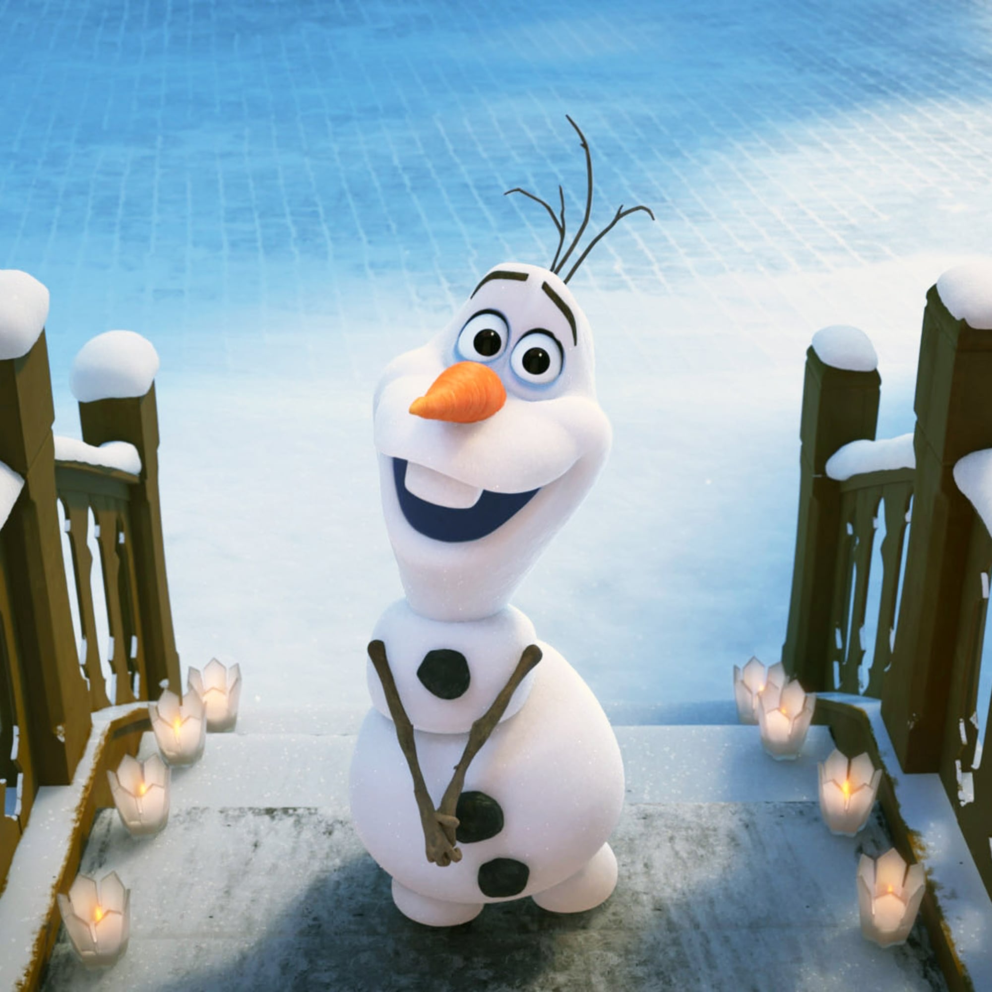 Olaf from "Frozen" stands on the steps as he makes new traditions.