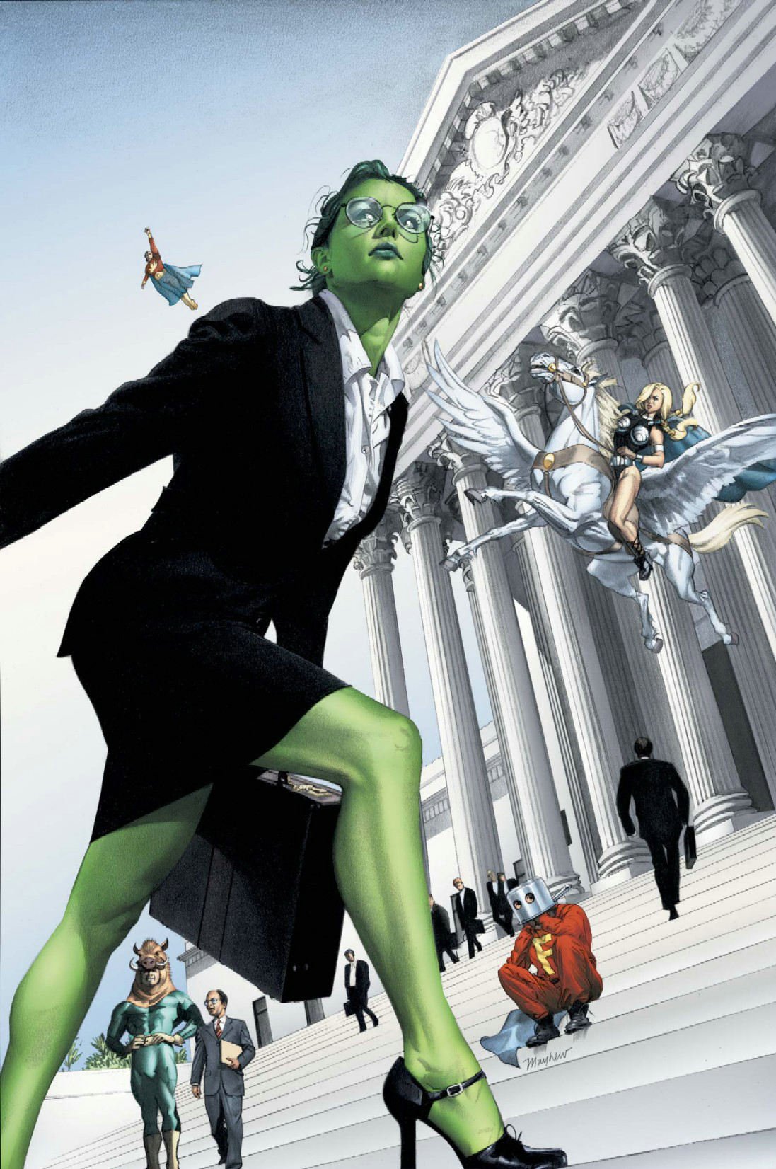 The She-Hulk in glasses, a formal pant-suit and heels as she climbs the ivory stairs past other Marvel characters into a courthouse. 