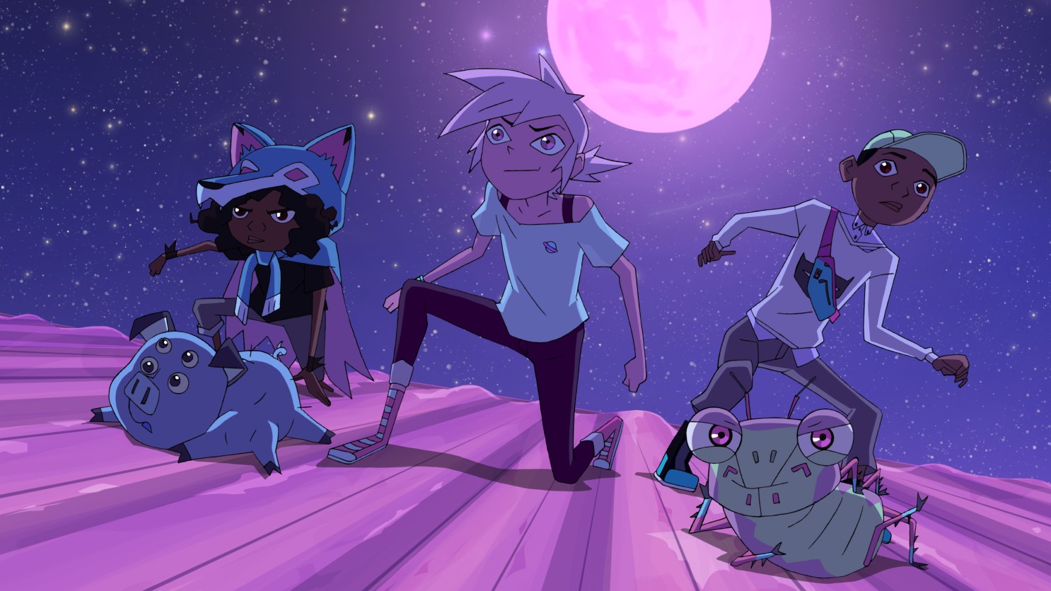 Protagonists Kipo, Wolf, Mandu, Benson, and Dave pose.