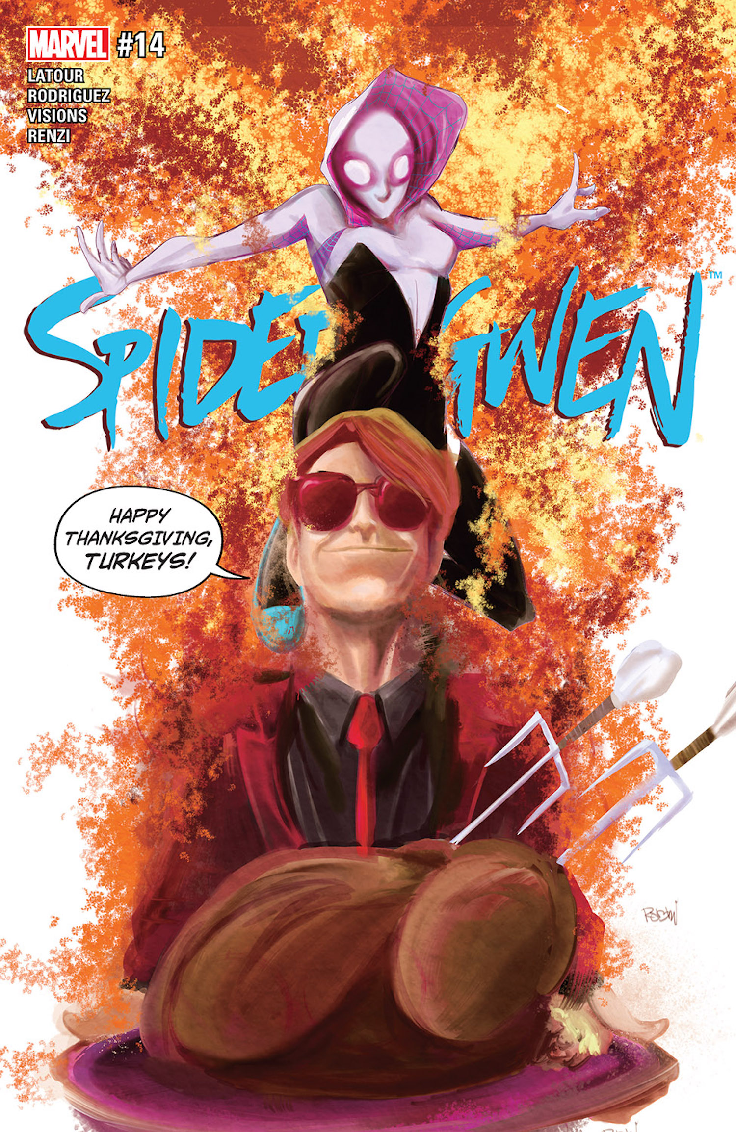 This image is the cover of Spider-Gwen #14 (2015) and shows Gwen Stacy as Spider-Gwen attacking Murdock. 