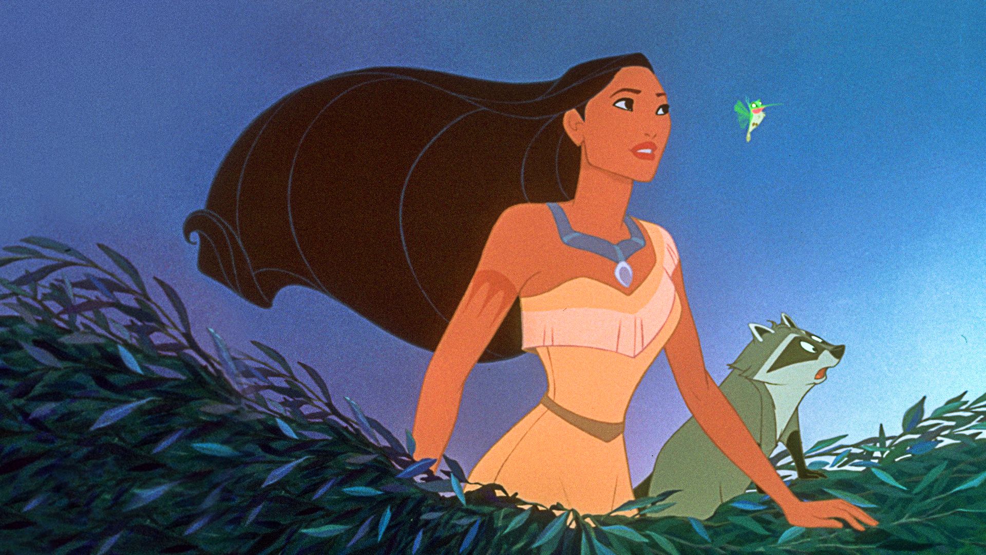 Pocahontas stands near Meeko and Flit as the wind blows through her hair.