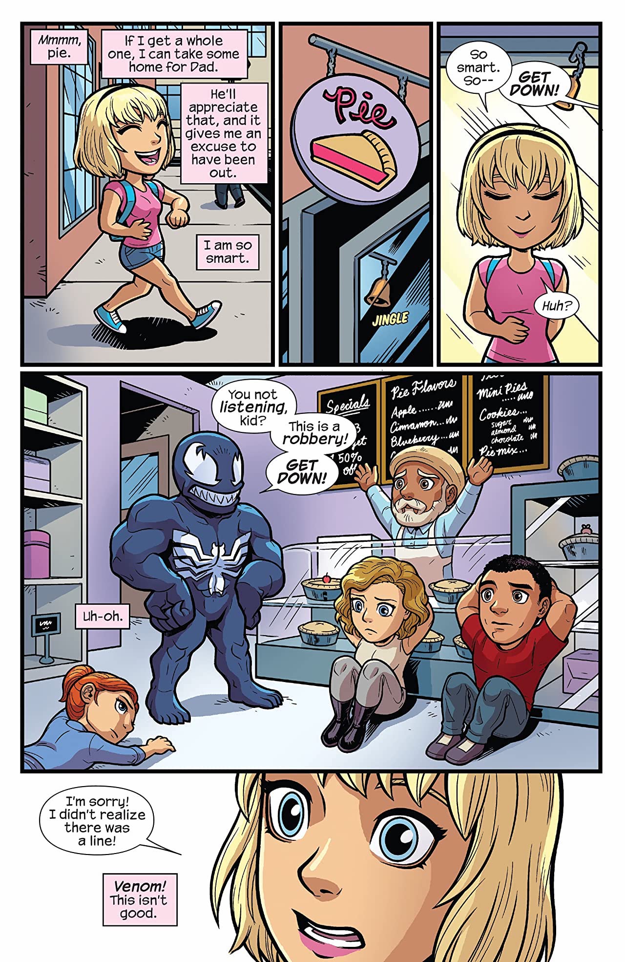 This image is from Mealtime Mayhem Vol 1 #1 (2018), where Gwen Stacy came across Venom attacking a local bakery. 