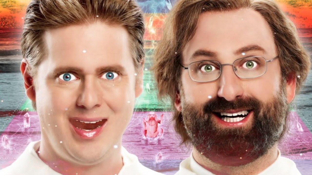 Tim & Eric pose in a trippy background for one of their absurd sketches.